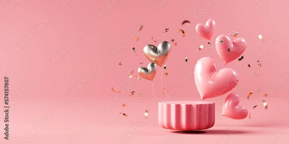 Poster valentine's day stage podium mock up with heart product display showcase 3d rendering