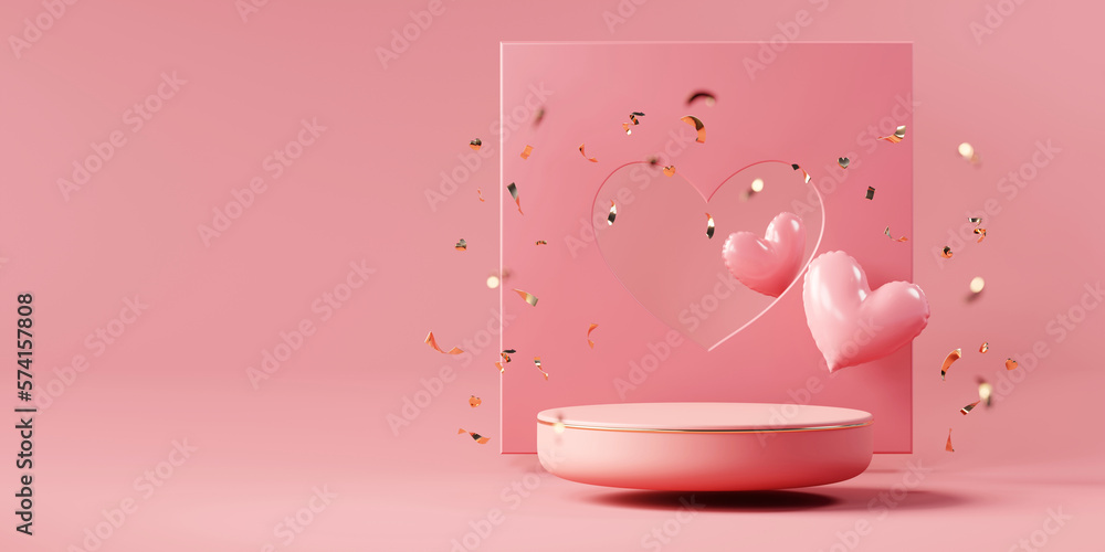 Poster valentine's day stage podium mock up with heart product display showcase 3d rendering