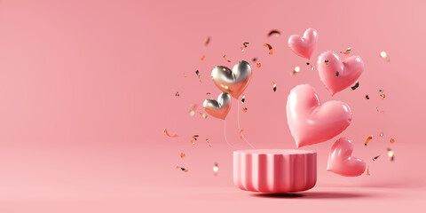 Valentine's day stage podium mock up with heart product display showcase 3d rendering