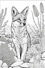 black and white adult coloring book illustration, nature