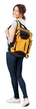 Happy Young Woman Leaning Against  full length in shirt with backpack