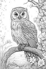 black and white adult coloring book illustration, nature