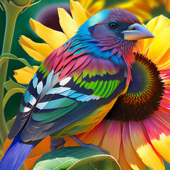 A bird on flowers with multiple colors, AI generative.