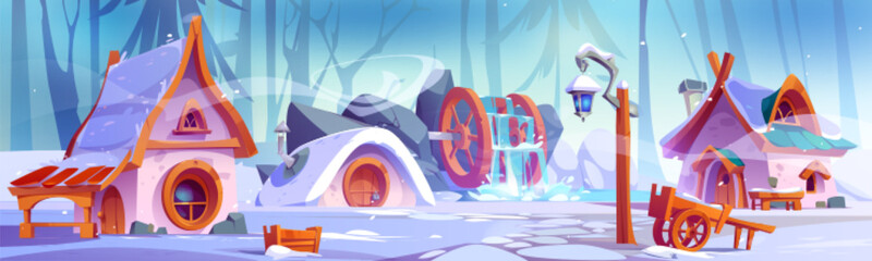 Dwarf village houses covered with snow in winter. Vector cartoon illustration of fairy tale gnome settlement in forest with cute stone huts, round windows, lantern and watermill. Fantasy game scene
