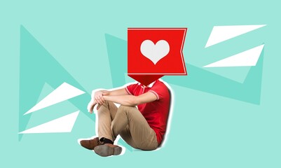 Creative collage of person with social media icons on head