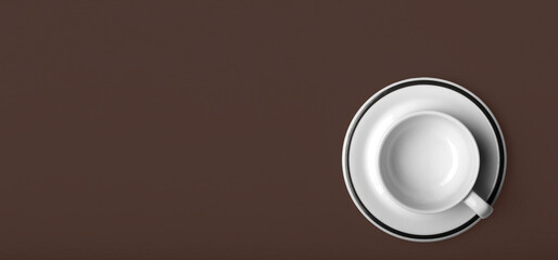 coffee cup with white porcelain saucer on coffee background, basis for advertising banner, space...