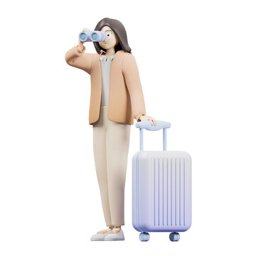 woman with suitcase 3d character illustration