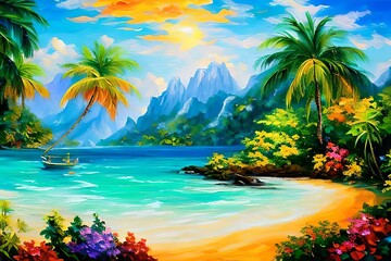 Fototapeta na wymiar oil painting Tropical Island illustration