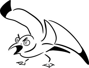 Vector drawing of a seagull with funny, silly face. Outline, silhouette. Hand-drawn in cartoon style, flat, doodle, isolated, black and white. Wings are raised, angry, aggressive, screaming loudly. 