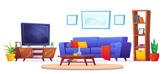 Home interior with furniture and tv. Living room with blue sofa, television set on stand, coffee table, carpet, bookcase, plants and pictures on wall, vector cartoon illustration isolated on white