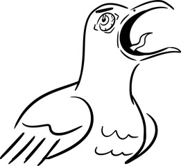 Vector drawing of a seagull with funny, silly face. Outline, silhouette. Hand-drawn in cartoon style, flat, doodle, isolated, black and white. Angry, screaming.
