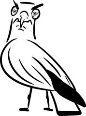 Vector drawing of a seagull with funny, silly face. Outline, silhouette. Hand-drawn in cartoon style, flat, doodle, isolated, black and white. Looking straight, angry