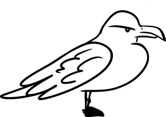 Vector drawing of a seagull with funny, silly face. Outline, silhouette. Hand-drawn in cartoon style, flat, doodle, isolated, black and white. Angry, standing