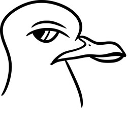Vector drawing of a seagull with funny, silly face. Outline, silhouette. Hand-drawn in cartoon style, flat, doodle, isolated, black and white. Just head. Bird looking backwards, with contempt, angry