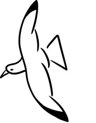 Vector drawing of a seagull with funny, silly face. Outline, silhouette. Hand-drawn in cartoon style, flat, doodle, isolated, black and white. Bird is flying