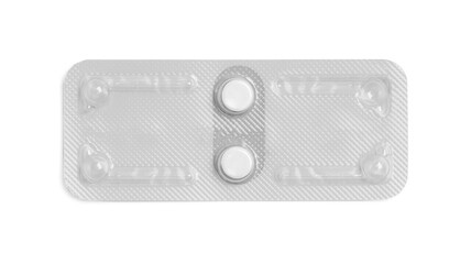 Blister of emergency contraception pills isolated on white, top view