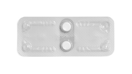 Blister of emergency contraception pills isolated on white, top view
