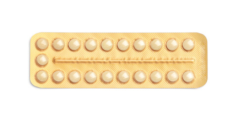 Blister of oral contraception pills isolated on white, top view