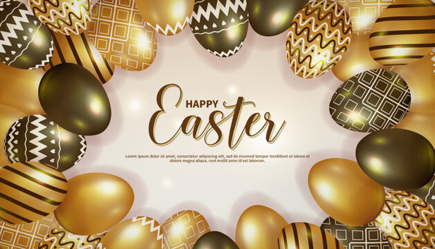Happy Easter background with realistic metallic colored eggs decoration vector