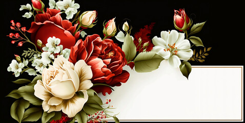 red roses and white flowers composition background