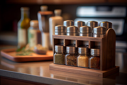 Wooden spice rack on modern kitchen countertop. Generative AI.