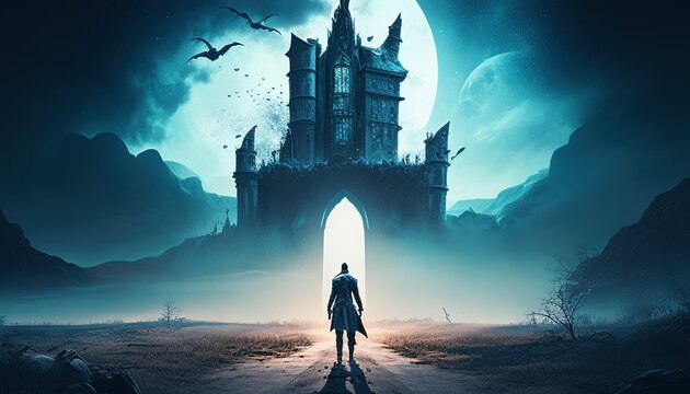 Brave challenger facing spooky castle, ready to conquer fears and challenge