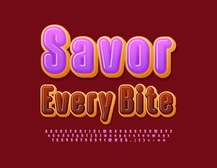 Vector tasty Poster Savor Every Bite. Sweet Donut Font. Creative Alphabet letters, Numbers and Symbols set