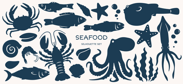 Seafood silhouettes flat icons set. Marine animal shapes. Underwater world. Biodiversity. Abstract shapes of shell