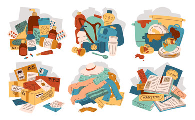 Pile of different things flat icons set. Parcel, letter, medicines, moisturizing cream and cosmetics, dirty dishes