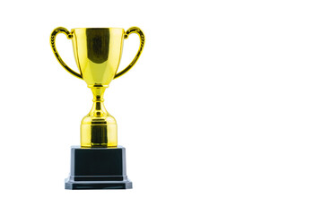 Golden trophy cup, dual handle neo-classic, isolated on white. Trophy is a tangible, durable reminder of a specific achievement, serves as recognition or evidence of merit, awarded for sporting events