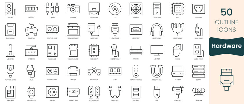 Set of hardware icons. Thin linear style icons Pack. Vector Illustration