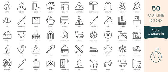 Set of arctic and antarctic icons. Thin linear style icons Pack. Vector Illustration