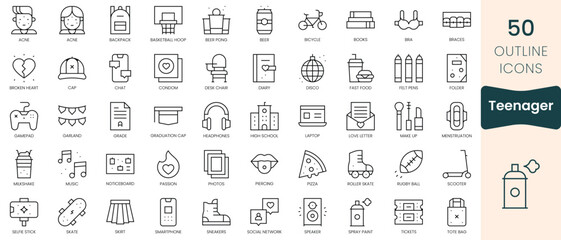 Set of teenager icons. Thin linear style icons Pack. Vector Illustration