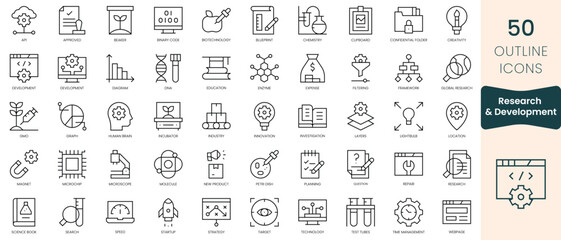 Obraz na płótnie Canvas Set of research and development icons. Thin linear style icons Pack. Vector Illustration