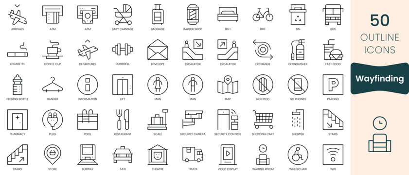 Set of wayfinding icons. Thin linear style icons Pack. Vector Illustration