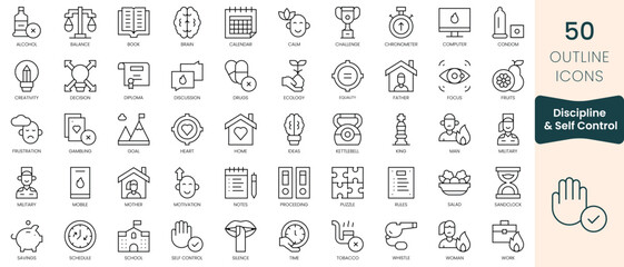 Obraz na płótnie Canvas Set of discipline and self control icons. Thin linear style icons Pack. Vector Illustration