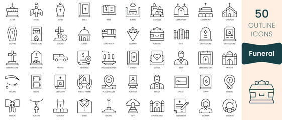 Set of funeral icons. Thin linear style icons Pack. Vector Illustration - obrazy, fototapety, plakaty