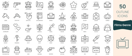 Set of films genre icons. Thin linear style icons Pack. Vector Illustration