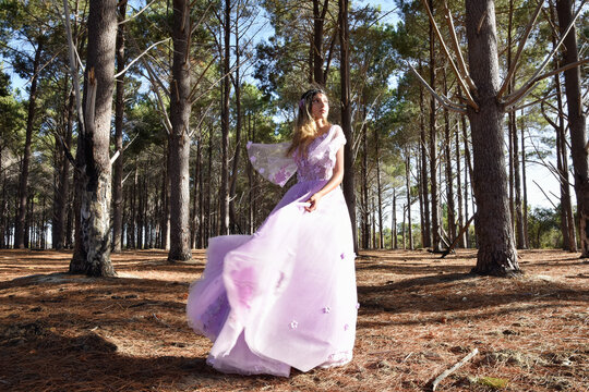 portrait of beautiful young  model wearing a purple princess fantasy ball gown, flower crown diadem.  Standing pose with flowing dress.  golden afternoon, backlit silhouette in  pine forest location