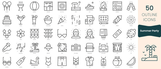 Set of summer party icons. Thin linear style icons Pack. Vector Illustration