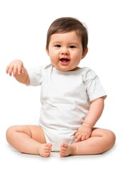 Cute baby in white onesie on white background