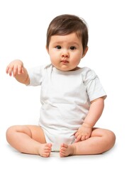 Cute baby in white onesie on white background