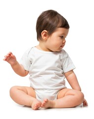 Cute baby in white onesie on white background