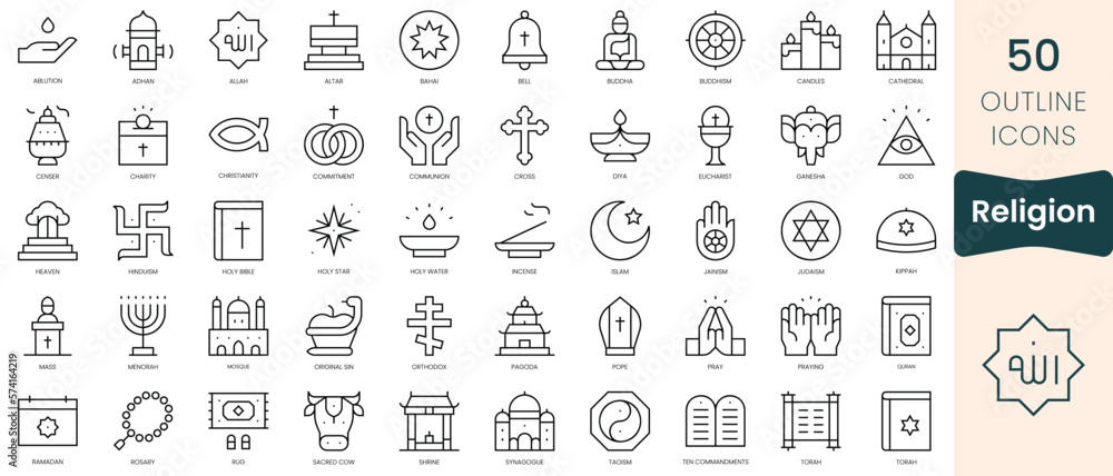 Wall mural set of religion icons. thin linear style icons pack. vector illustration