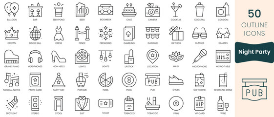 Set of night party icons. Thin linear style icons Pack. Vector Illustration