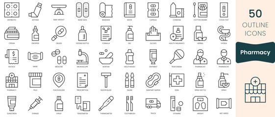 Obraz na płótnie Canvas Set of pharmacy icons. Thin linear style icons Pack. Vector Illustration