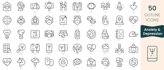 Obraz na płótnie Canvas Set of anxiety and depression icons. Thin linear style icons Pack. Vector Illustration