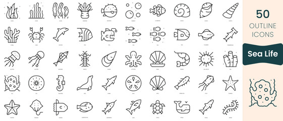 Set of sea life icons. Thin linear style icons Pack. Vector Illustration