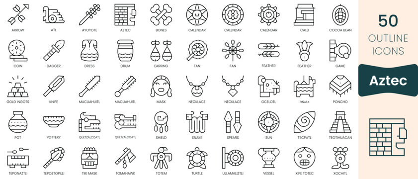 Set of aztec icons. Thin linear style icons Pack. Vector Illustration