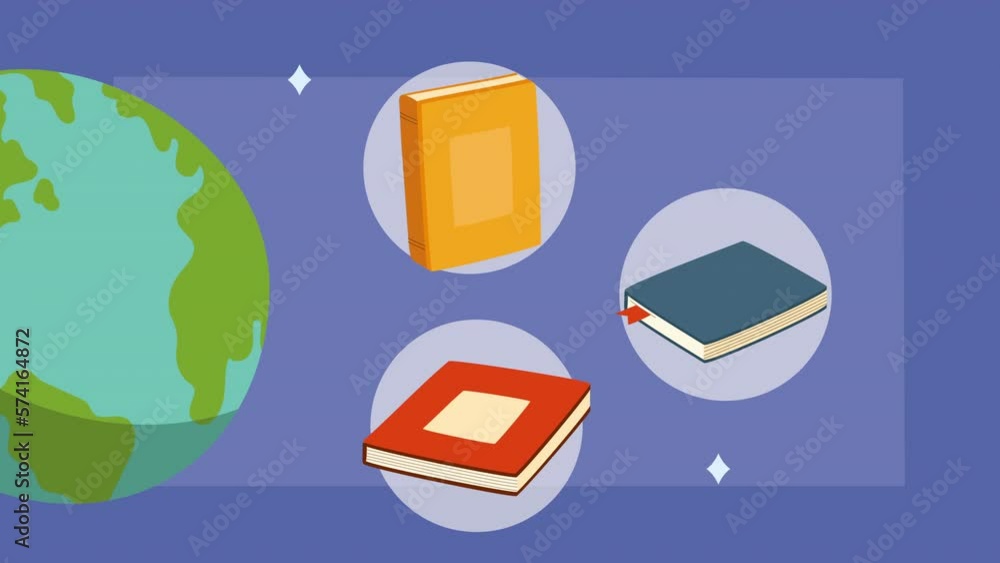 Wall mural text books library with earth planet animation